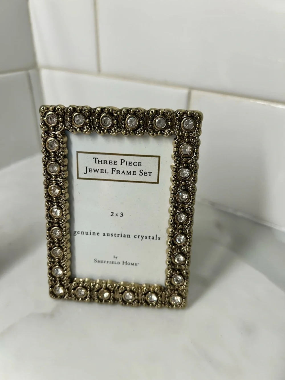Set of 2 Sheffield Home Jeweled Austrian Crystal 2x3 Picture Frames – Gold Tone